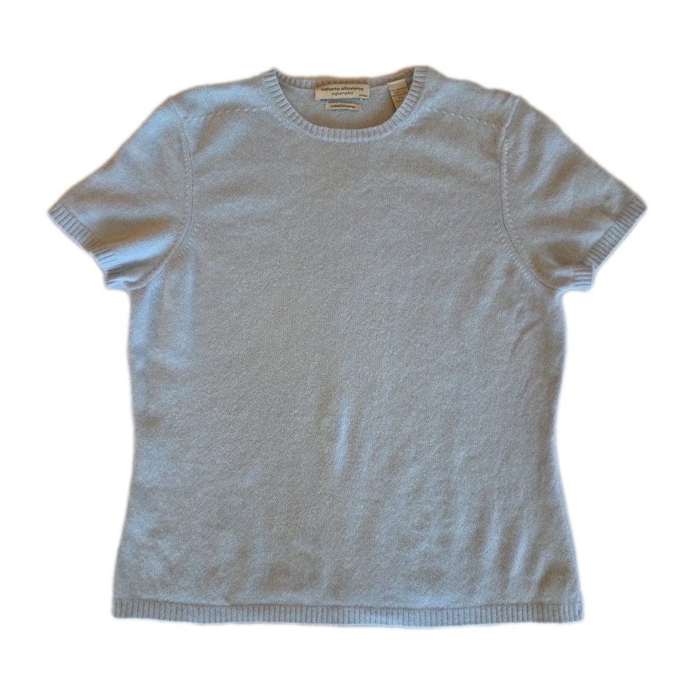 Valerie Stevens Cashmere Sweater Tee Sz PL Pastel Blue Short Sleeve Quiet Luxury